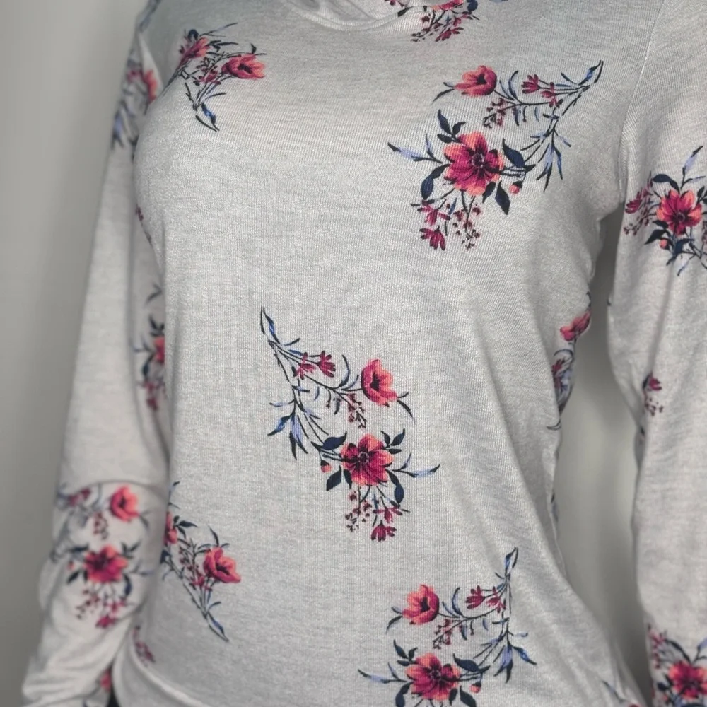 Floral Hooded Women's Top - Gray and Pink